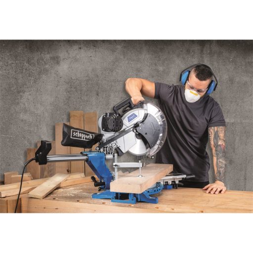 Scheppach HM 140 L két oldalra dönthető gérvágó fűrész húzófunkcióval és lézerrel