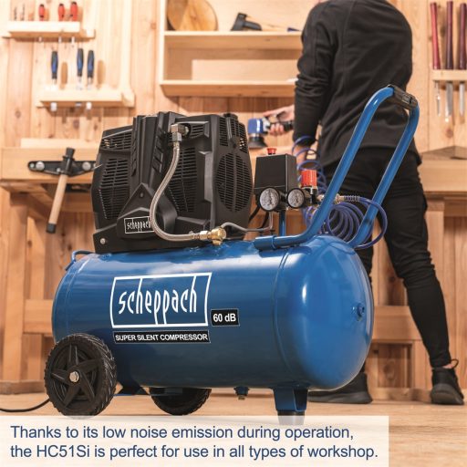 Scheppach HC 51 Si Csendes olajmentes kéthengeres kompresszor 50 literes, 8 bar