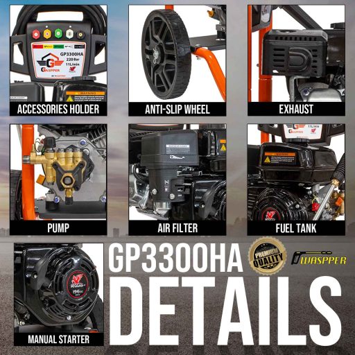 Gaspper GP3300HA ipari benzines magasnyomású mosó, Peggas – 4,1 kW, 220 bar, 11 l/perc