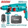 TOTAL Fúró-vésőkalapács 800W kiegészítő tartozékkal SDS Plus/4000bpm/14mm/2,5J (TH308268-2)